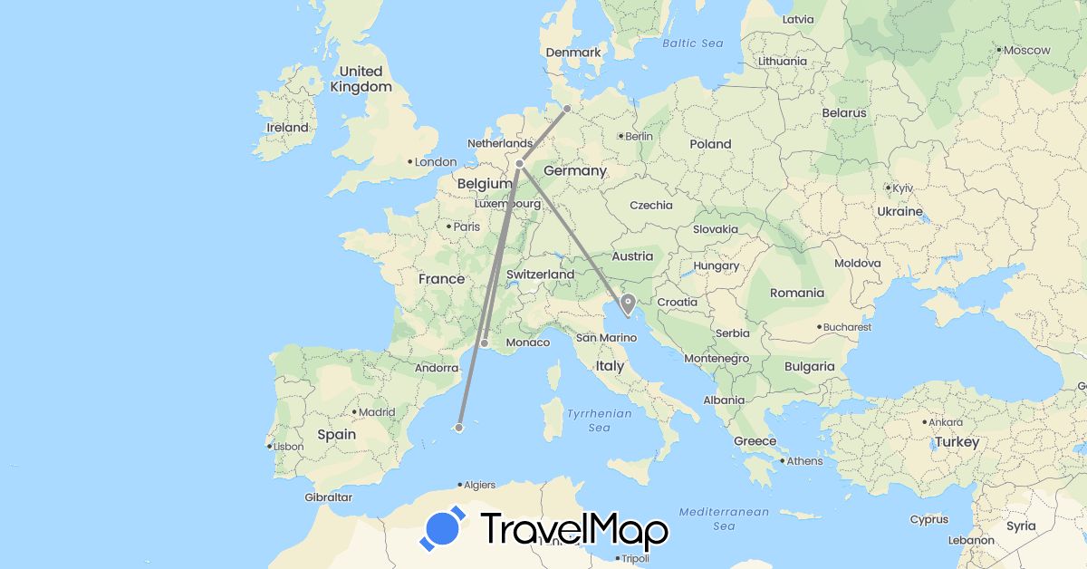 TravelMap itinerary: driving, plane in Germany, Spain, France, Croatia (Europe)